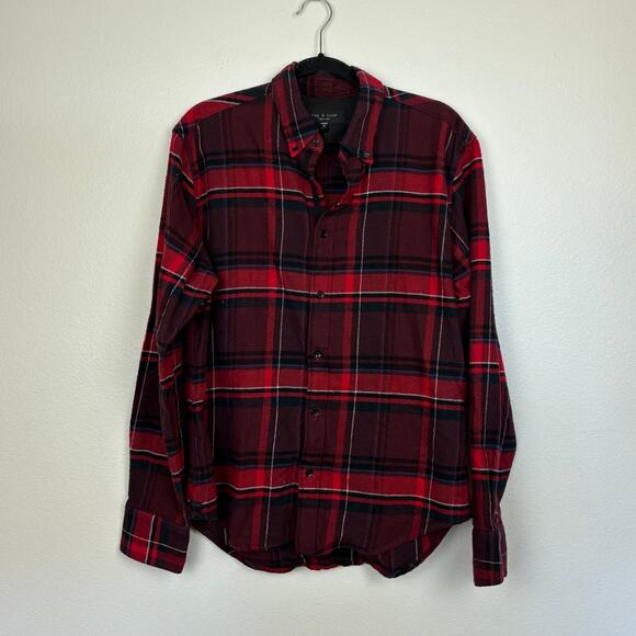 Rag & Bone Red Button Down Cotton Blend Classic Flannel Large - Picture 1 of 4